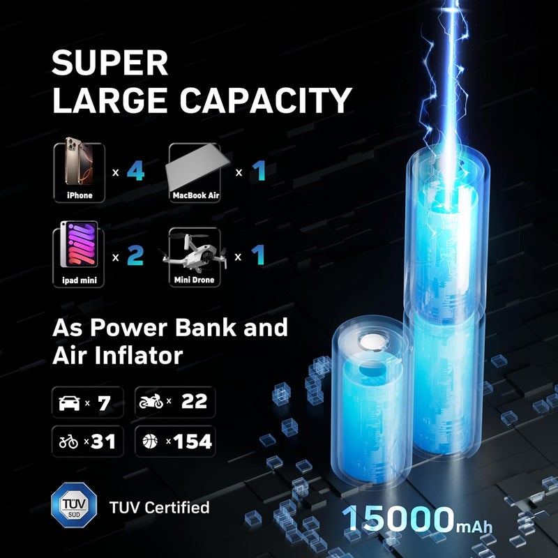 Denix MotorX Tire Inflator Portable Air Compressor 2nd Generation, Large Tire Inflator Speed Level 30 Seconds Fast Inflation Air Pump, 15000mAh Battery Capacity, 65W 5X Fast Charging, Deluxe Package. - Image 2